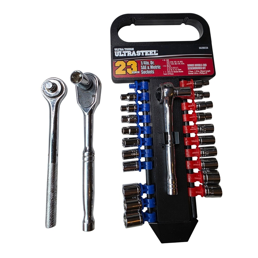 Ultra‎ Steel 23 Piece 1/4in Dr SAE Metric Socket Set UA20023A Extra Ratchets K2